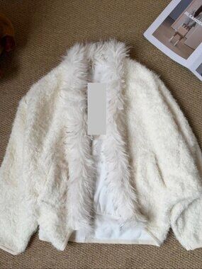 Ivory Fluffy Jacket Size S Faux Fur Trim Open Front Cozy Coat Brand New